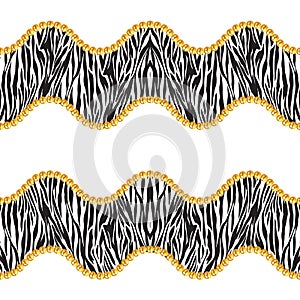 Seamless pattern of golden chains on white background with zebra skin. Repeat design ready for decor, fabric, prints, textile.