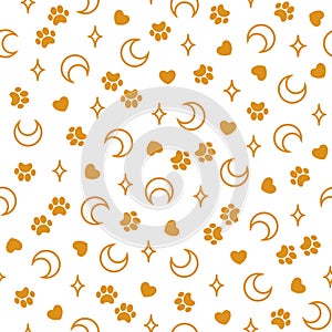 Seamless pattern with golden contours of moons and stars, golden paws and hearts on a white background