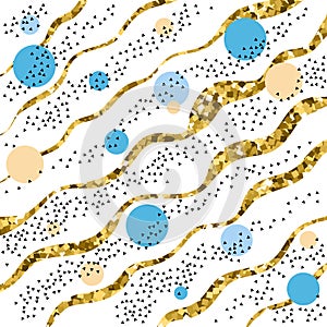 Seamless pattern with golden curved lines, beige and blue spheres