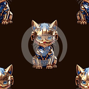 seamless pattern with golden cybernetic robot cat with blue eyes on dark background to use as texture for packaging, fabric,