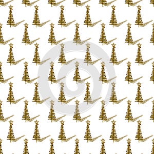 A seamless pattern, a golden decorative Christmas tree with a shadow on a white background