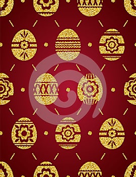 Seamless pattern of golden Easter eggs isolated on red background. Gold Easter Eggs decorated with flowers. Print design, label,