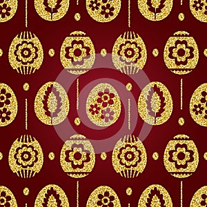 Seamless pattern of golden Easter eggs isolated on red background. Gold Easter Eggs decorated with flowers. Print design, label,