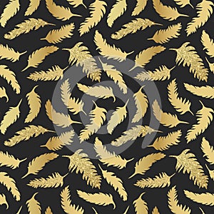 Seamless pattern with golden feathers with shiny texture, glitter feathers on dark background, pattern for your design. Vector