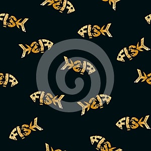 Seamless pattern with golden fish on a dark background Lettering grunge luxury texture in the word form fish Modern art pattern