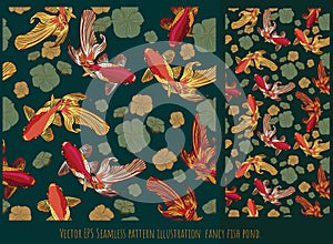 Seamless pattern golden fish swiming with lotus leaves pond