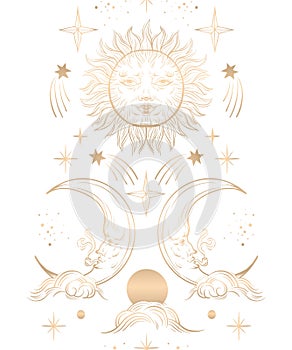 Seamless pattern with golden graphic sun and moon. Vector.