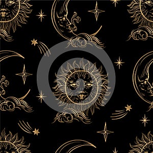 Seamless pattern with golden graphic sun and moon. Vector.