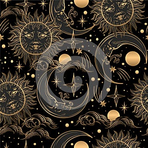 Seamless pattern with golden graphic sun and moon. Vector.