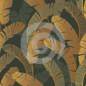 Seamless pattern of golden green tropical leaves