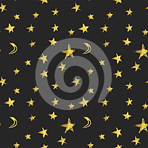 Seamless pattern with golden hand drawn stars and crescent moons. Vector illustration