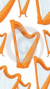 Seamless Pattern of Golden Harps on a Light Blue Background