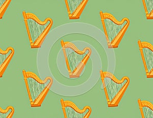 Seamless Pattern of Golden Harps on a Light Green Background