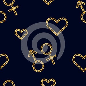 Seamless pattern with golden heart chain and Gender symbol. Golden Chain Ornament for Fashion Prints. symbol of mars and venus