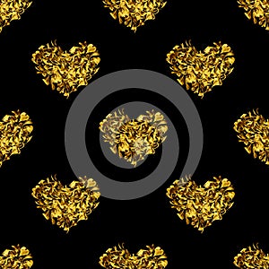 Seamless pattern of golden heart made of flower petals on black background isolated, gold shiny heart shaped repeating ornament