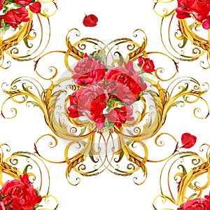 Seamless pattern with golden lace, red roses flower. watercolor Damask dold background