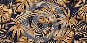 Seamless pattern with golden leaves monsters and tropical plants on a dark background, Exotic botany design collage style, luxury photo