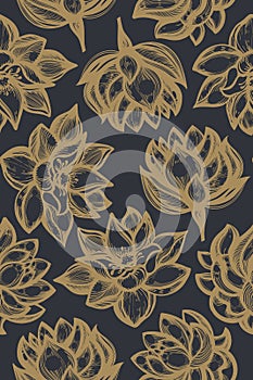 Seamless pattern with golden lotuses on a black background in the art deco style.