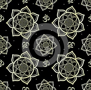 Seamless pattern with golden mandala and symbol Om in Sanskrit