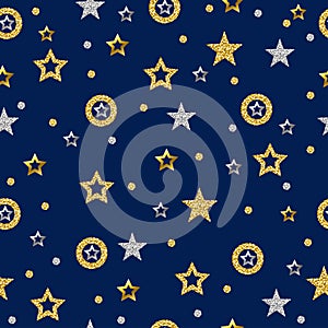 Seamless pattern with golden and silver glittering stars. Gold Seamless pattern. Repeatable blue background. Can be used for