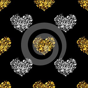 Seamless pattern golden and silver hearts made of flower petals isolated, black background, shiny heart shape repeating ornament