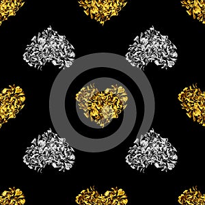 Seamless pattern golden and silver hearts made of flower petals isolated, black background, shiny heart shape repeating ornament