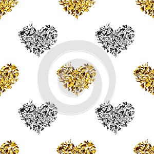 Seamless pattern golden and silver hearts made of flower petals isolated, white background, shiny heart shape repeating ornament