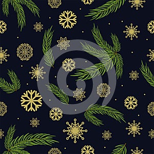 Seamless pattern with golden snowflake and branch Christmas tree on black background.