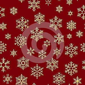 Seamless pattern with golden snowflakes on red background for Christmas or New Year holidays. EPS 10