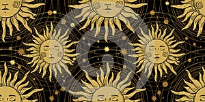 Seamless pattern with the golden sun on a black background, galaxies and stars. Mystical ornament in the old vintage