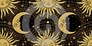 Seamless pattern with a golden sun with a face and a crescent on a black background, galaxy, moon, stars. Mystical