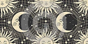 Seamless pattern with a golden sun with a face and a crescent on a black background, galaxy, moon, stars. Mystical