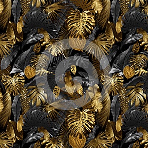 Seamless pattern with golden tropical leaves