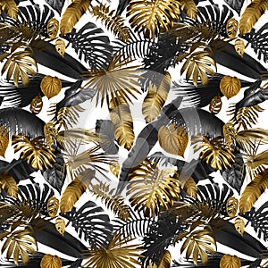 Seamless pattern with golden tropical leaves