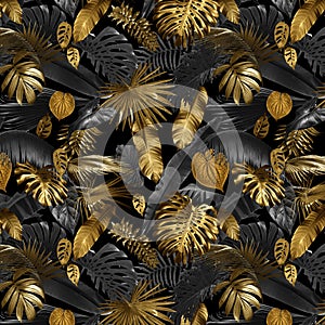 Seamless pattern with golden tropical leaves