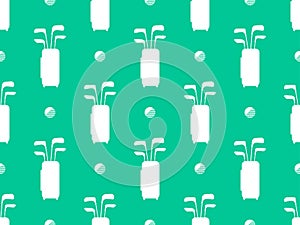 Seamless pattern with golf clubs in a bag and golf balls. White silhouettes of bags with golf clubs on a green background. Golf