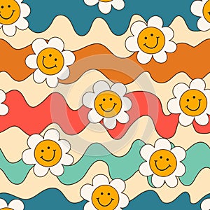 Seamless pattern good vibe 70s psychedelic groovy daisy and waves. pattern in hippie style