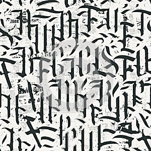 Seamless pattern of Gothic letters against scraps piece of newspapers