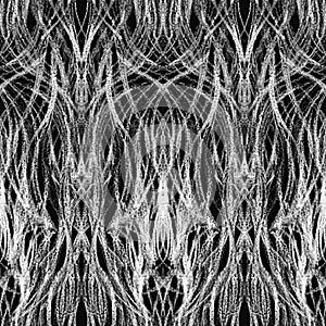 Seamless pattern with a gothic symmetrical ornament drawn with a white pencil on a black background