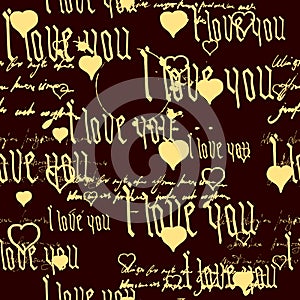 Seamless pattern Gothic Text I love you, hand written words.Sketch, doodle, lettering, hearts, happy valentines day