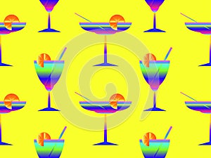Seamless pattern with gradient cocktails with straws. Alcoholic cocktail with a straw and a slice of orange in the style of the