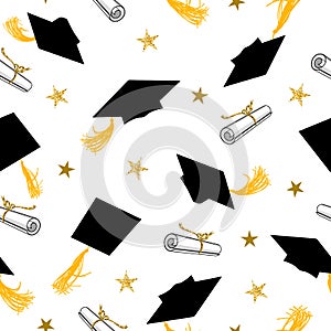 Seamless Pattern with Graduation Caps and Gold Stars