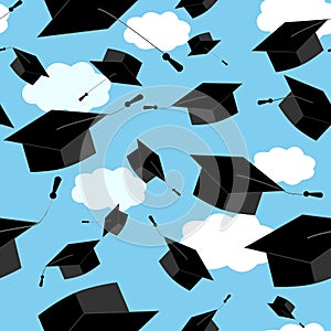 Seamless pattern of graduation hat thrown up in the clouds sky. Vector educate cap illustration