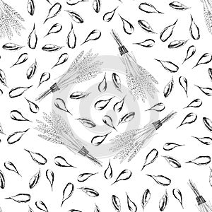Seamless pattern with grain and wheat spikelets on white background for packaging