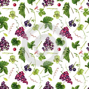 Seamless pattern with grapes, green leaves and grape vines. Hand drawn watercolor illustration