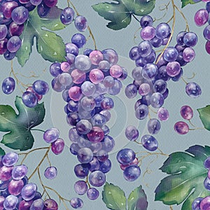 Seamless pattern with grapes hand-drawn painted in watercolor style.