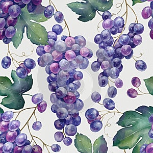 Seamless pattern with grapes hand-drawn painted in watercolor style.