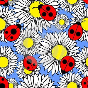 seamless pattern of graphic flowers of daisies and ladybugs on a blue background background