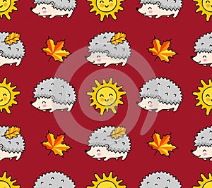 Seamless pattern of graphic spiky hedgehog with maple leaves on a dark red background. Cute cartoon animals.