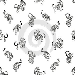 Seamless pattern with graphic tigers. Black and white predatory wild cats. Print for fabric, clothing, wrapping paper